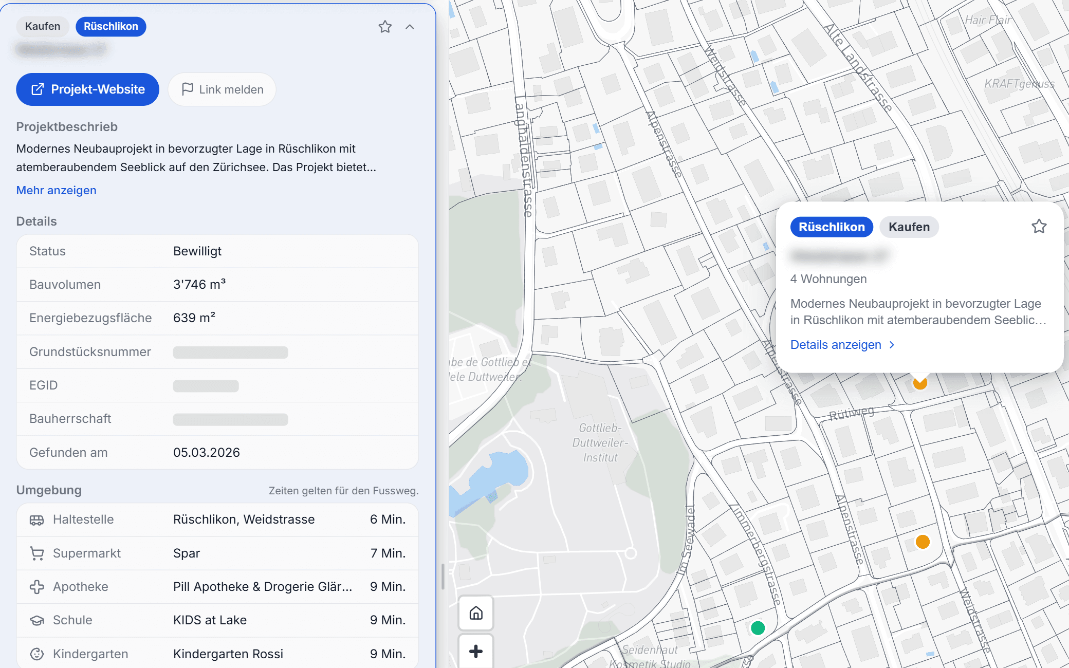 Nahaufnahme einer erweiterten Projektkarte mit Registerdaten und Projekt-Website-Button