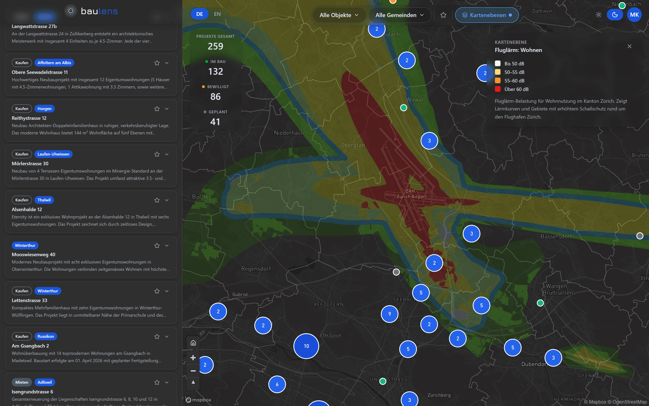 Karte mit aktivem Fluglärm-Overlay über dem Flughafen Zürich
